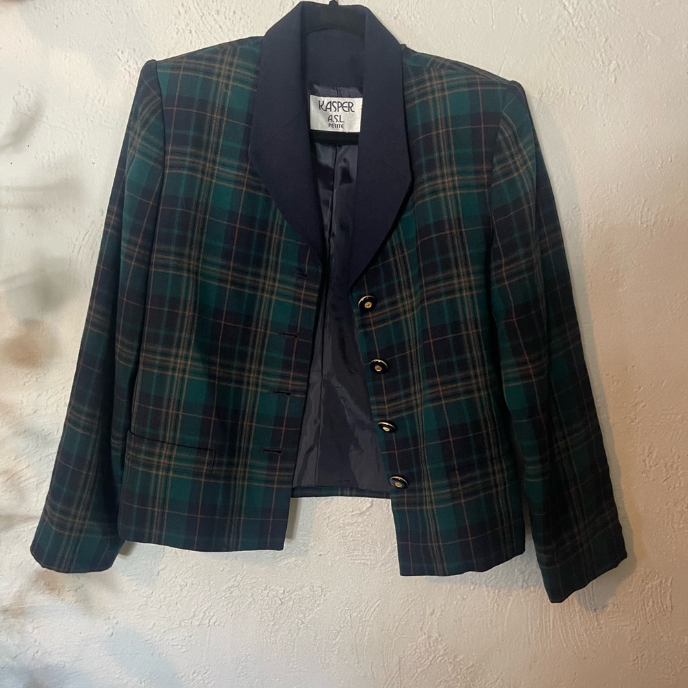 Kasper Vintage Women's Plaid Blazer - Green and Blue